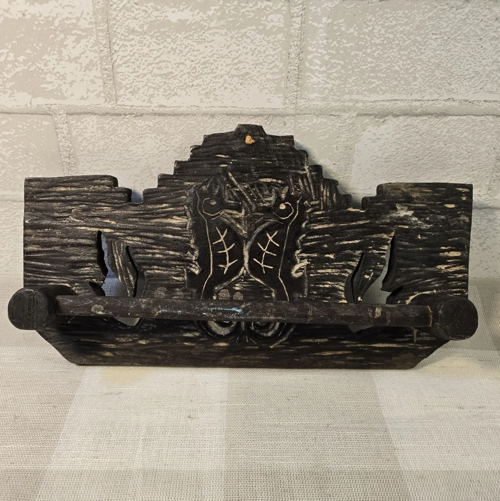 Vintage Rustic Wood Small Towel Hanging Rack Handmade Carved Seahorse Japan